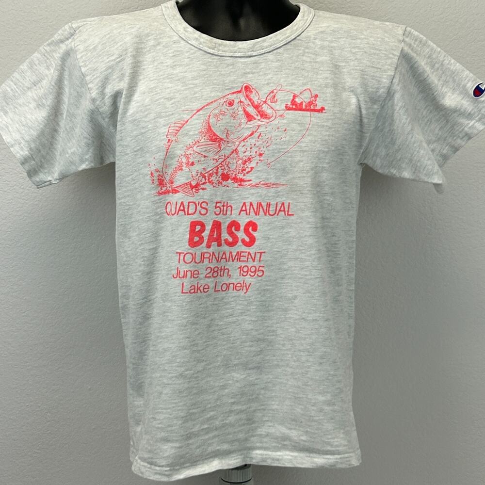Vintage 90s Quads Bass Fishing Tournament T Shirt S Small Lake Lonely NY Gray